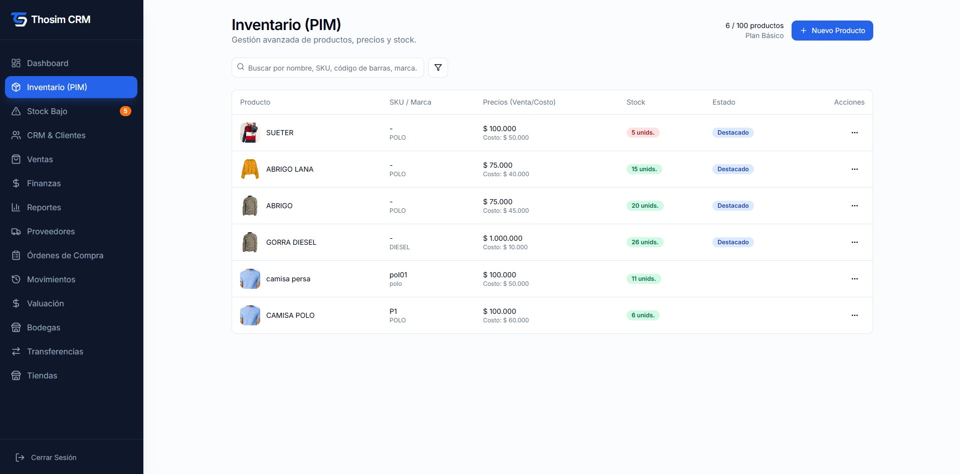 Panel de inventario de Thosim mostrando productos, existencias y alertas de stock bajo