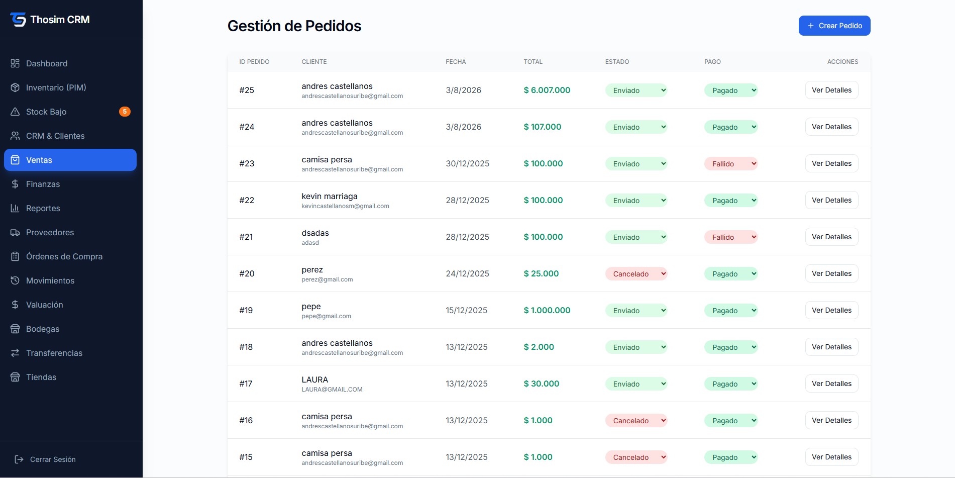 Listado de pedidos en Thosim con estado, cliente y total de cada venta
